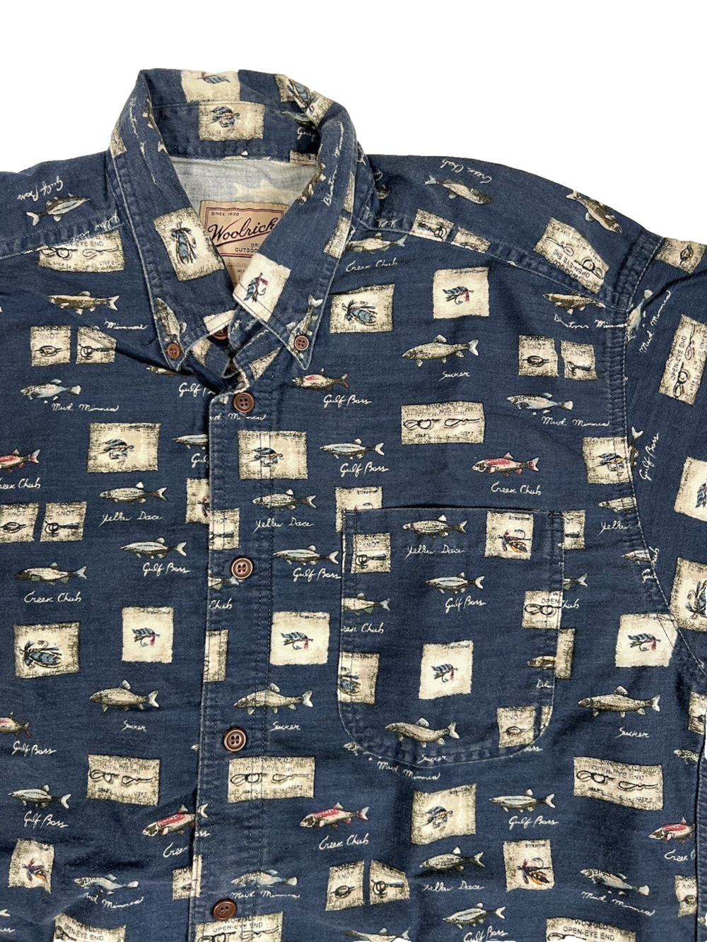 Vintage Woolrich Short Sleeve Button Up Shirt Fish All Over Print Size L Fishing